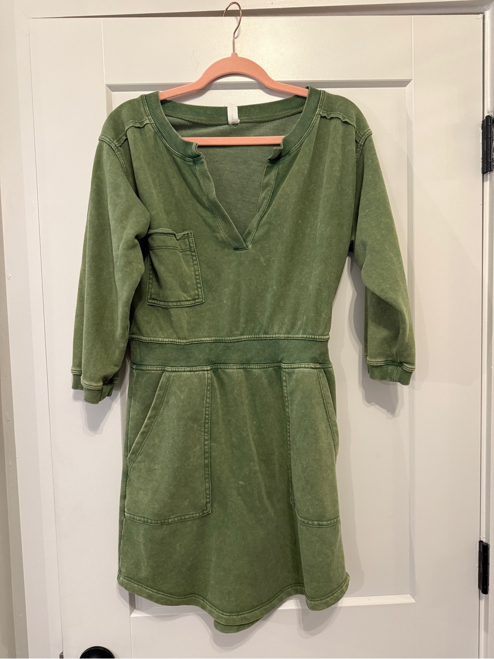 Washed Green V-Neck Casual Women’s Dress